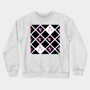 Pink and Black Floral Heart Checkered Pattern Crewneck Sweatshirt